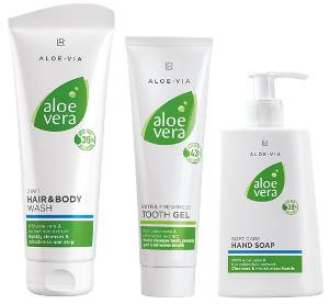 Bild mit LR ALOE VIA Produkten. Hier speziell das LR Aloe Vera Hygiene Set.