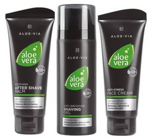 Bild mit LR Aloe VIA Männerpflege-Produkten. Rasiergel, After Shave Balsam und Anti-Stress-Creme aus dem LR Aloe Vera Men Set 2