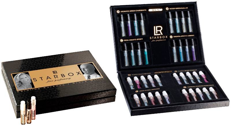Foto der LR Starbox bzw. Duftbox sowie Duftproben aller LR Parfum Produkte